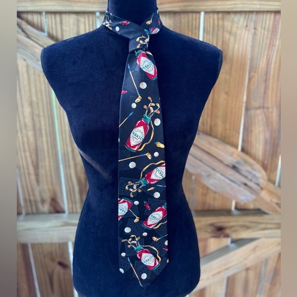 Vintage Tabasco Black Red & Gold Golfer Silk Necktie with Tabasco Golf Bags - Picture 1 of 6